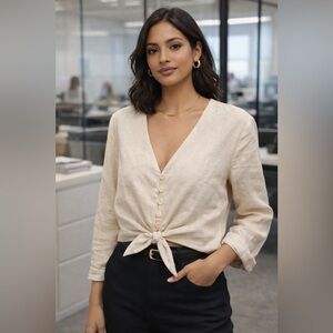 Joie Linen V-neck Top with Tie Front